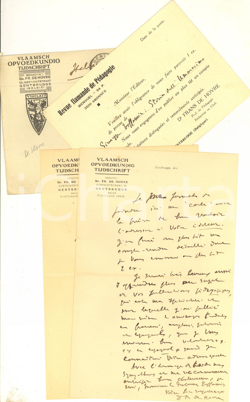 Autografo originale 1936 GENTBRUGGE Lettera Frans DE HOVRE sull opera di un collega  Autografo 1