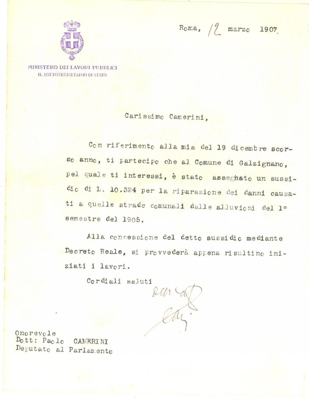 Autografo originale 1907 ROMA Lettera sottosegretario Luigi DARI per sussidio  Autografo 1