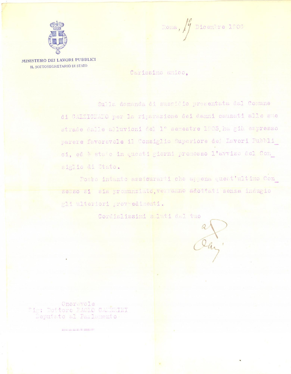 Autografo originale 1906 ROMA Lettera sottosegretario Luigi DARI per sussidio Galzignano  Autografo 1