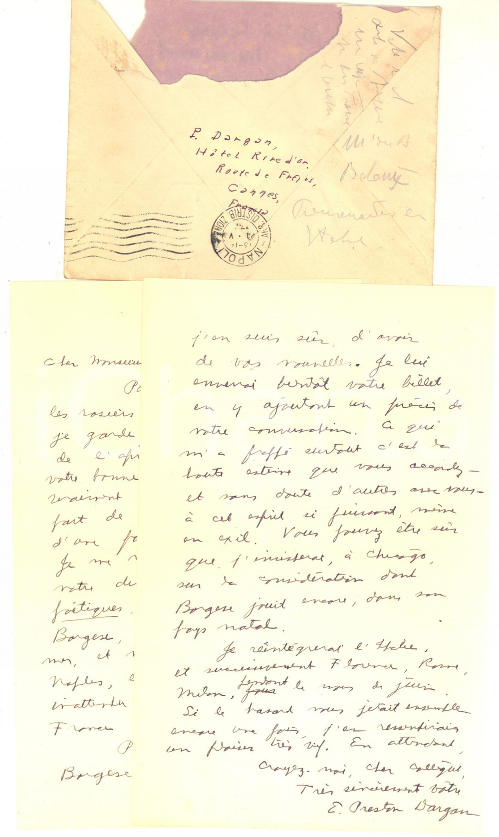 Autografo originale 1937 CANNES Lettera Edwin Preston DARGAN a un collega  Autografo 1