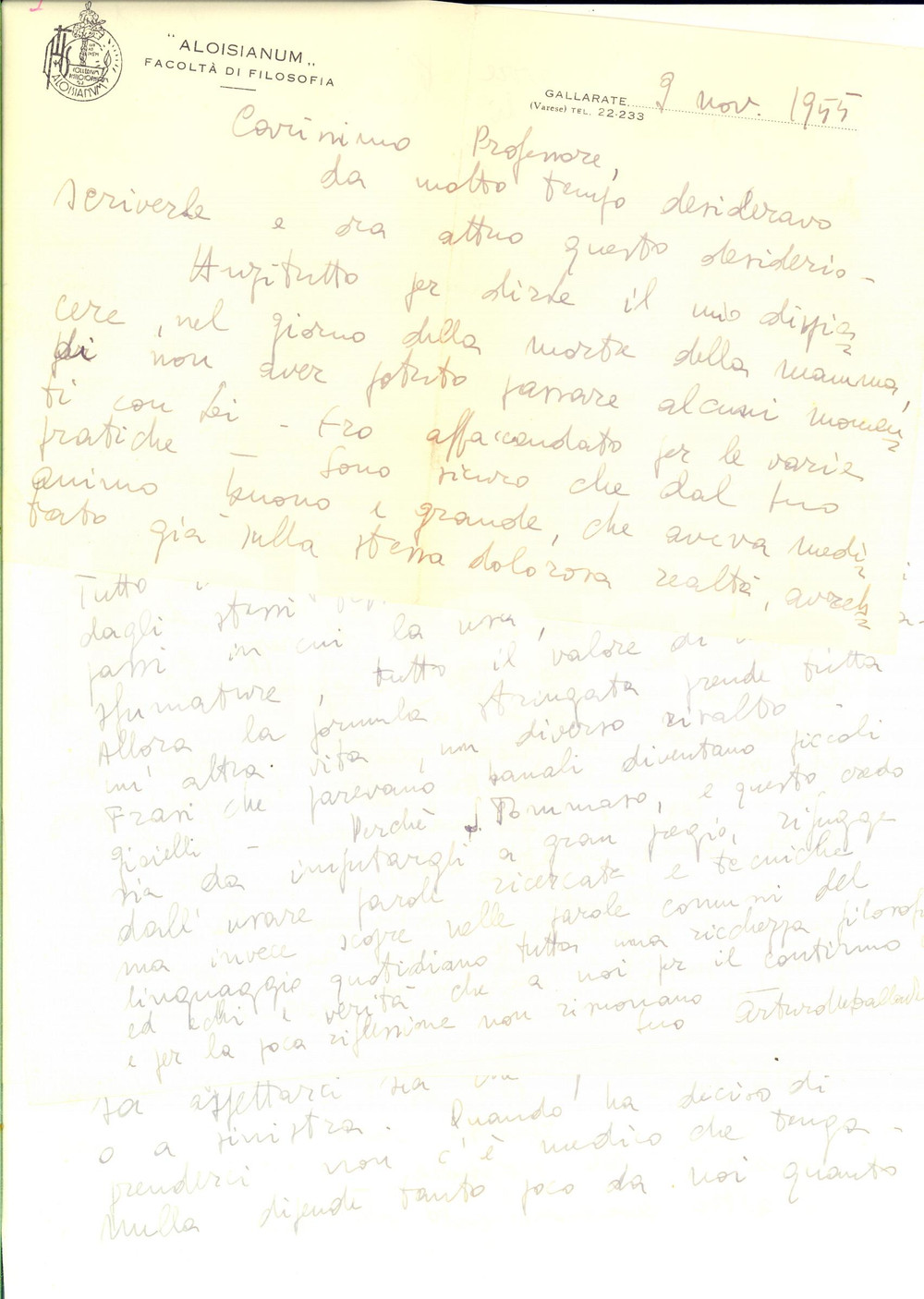 Autografo originale 1955 GALLARATE  ALOISIANUM   Lettera padre Arturo DALLA VEDOVA  Autografo 1