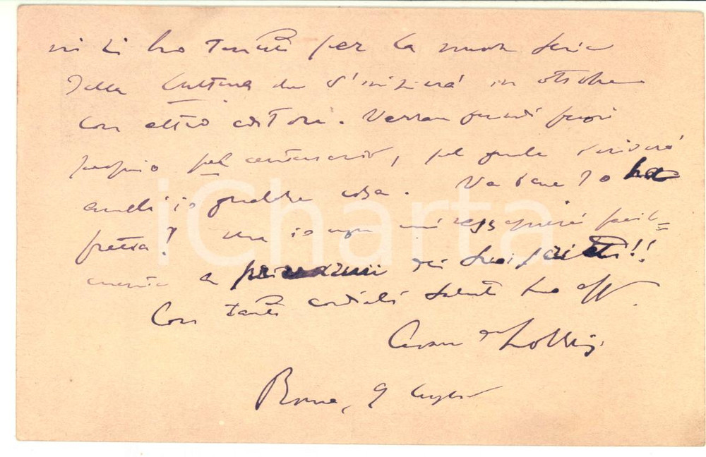Autografo originale 1920 ROMA Cartolina Cesare DE LOLLIS per nuova serie de la Cultura Autografo 1