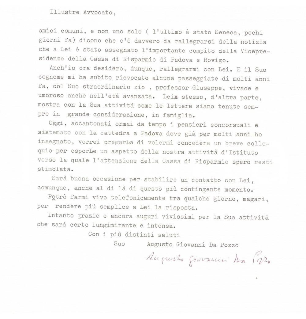 Autografo originale 1981 PADOVA Lettera Augusto Giovanni DA POZZO per congratulazioni  Autografo 1