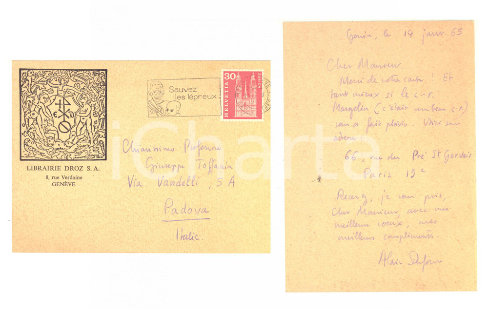 Autografo originale 1965 GENEVE Librairie DROZ  Cartolina ringraziamento Alain DUFOUR  Autografo 1