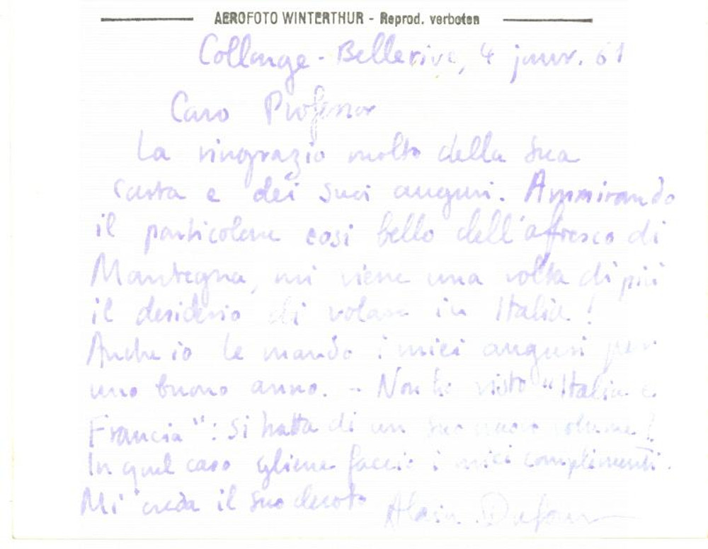 1961 COLLONGE-BELLERIVE (CH) Cartolina Alain DUFOUR per auguri - Autografo
