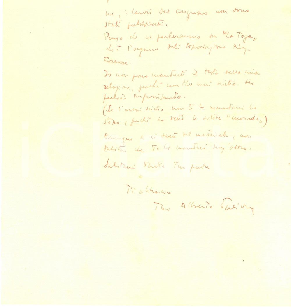 Autografo originale 1955 MILANO Lettera Alberto DALL ORA sui lavori di un congresso  Autografo 1
