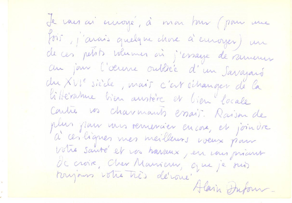 1963 COLLONGE-BELLERIVE Alain DUFOUR ringrazia per libro ricevuto - Autografo Biglietto interamente autografo di Alain Dufour, editore di Librairie Droz, scritto su due facciate. Busta viaggiata. CONDIZIONI: G     originale e autentica 1