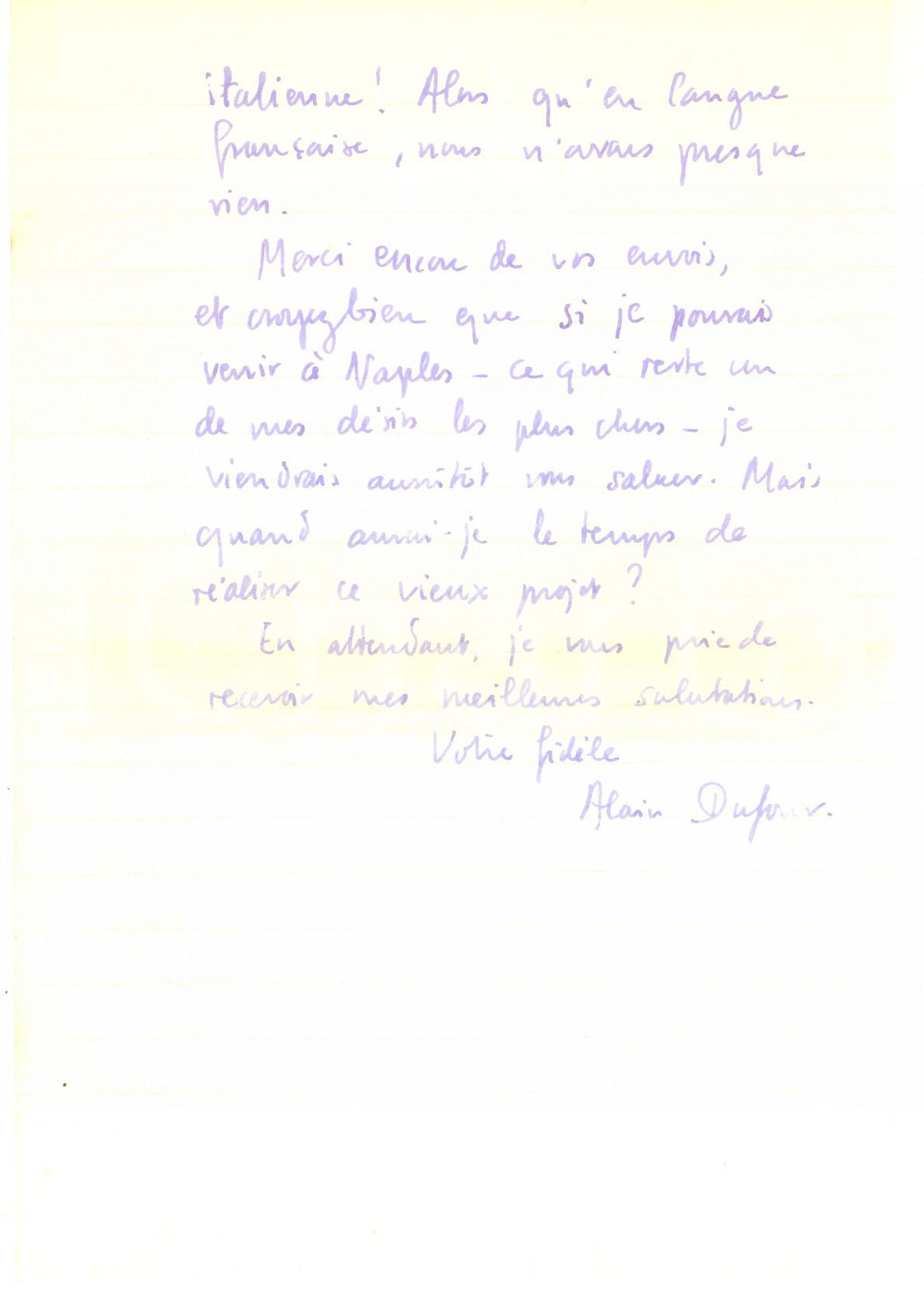 Autografo originale 1962 COLLONGEBELLERIVE Alain DUFOUR e la scarsezza di traduzioni in francese 1