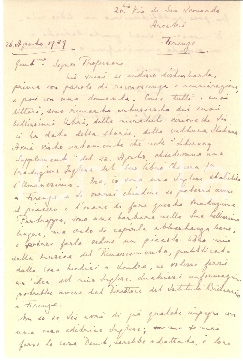 1929 FIRENZE Nesta DE ROBECK propone la traduzione di un saggio - Autografo Lettera interamente autografa di Nesta De Robeck, che si propone a un docente universitario per la traduzione in inglese di un suo saggio.Busta viaggiata. CONDIZIONI: G (ma piegature d'epoca)PAGINE: 1 (2 facciate)    originale e autentica 1