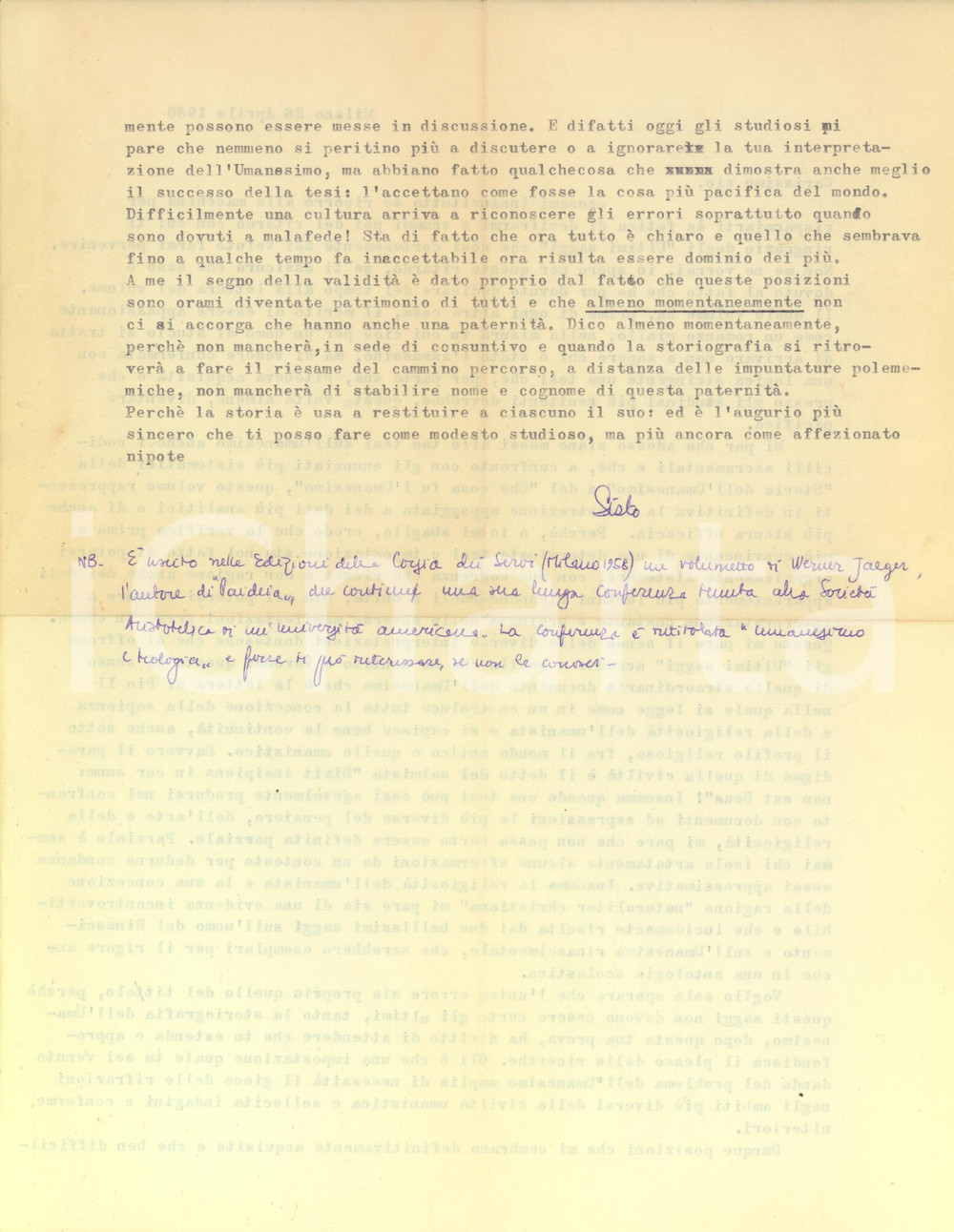 Autografo originale 1960 MILANO Lettera Sisto DALLA PALMA per tesi sull Umanesimo  Autografo 1