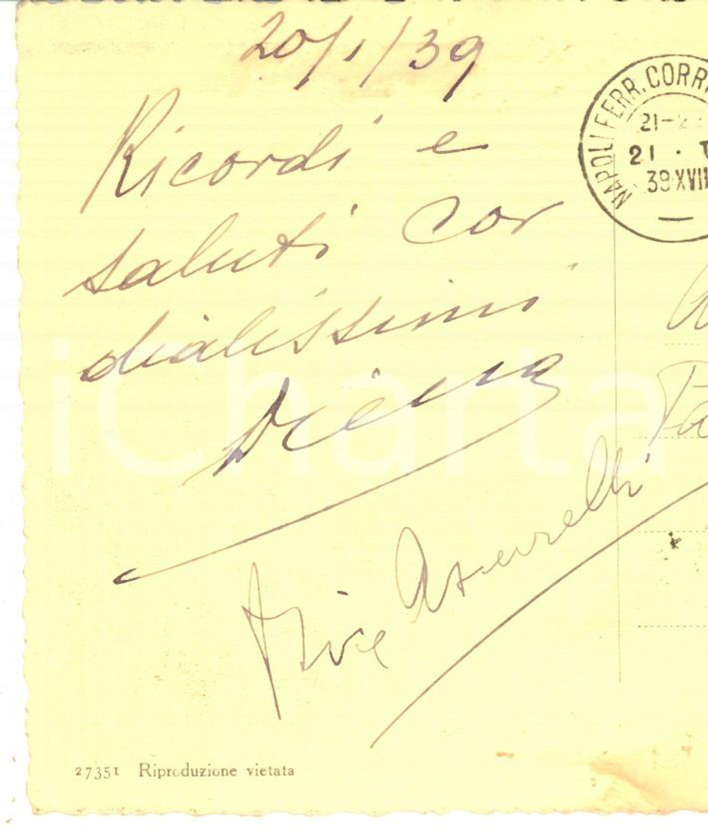 1939 NAPOLI Cartolina Giorgio DIENA a un amico - Autografo FG VG Cartolina postale autografa dell'industriale antifascista Giorgio Diena.Viaggiata. CONDIZIONI: FAIR (lievi macchie)FORMATO: FG    originale e autentica 1