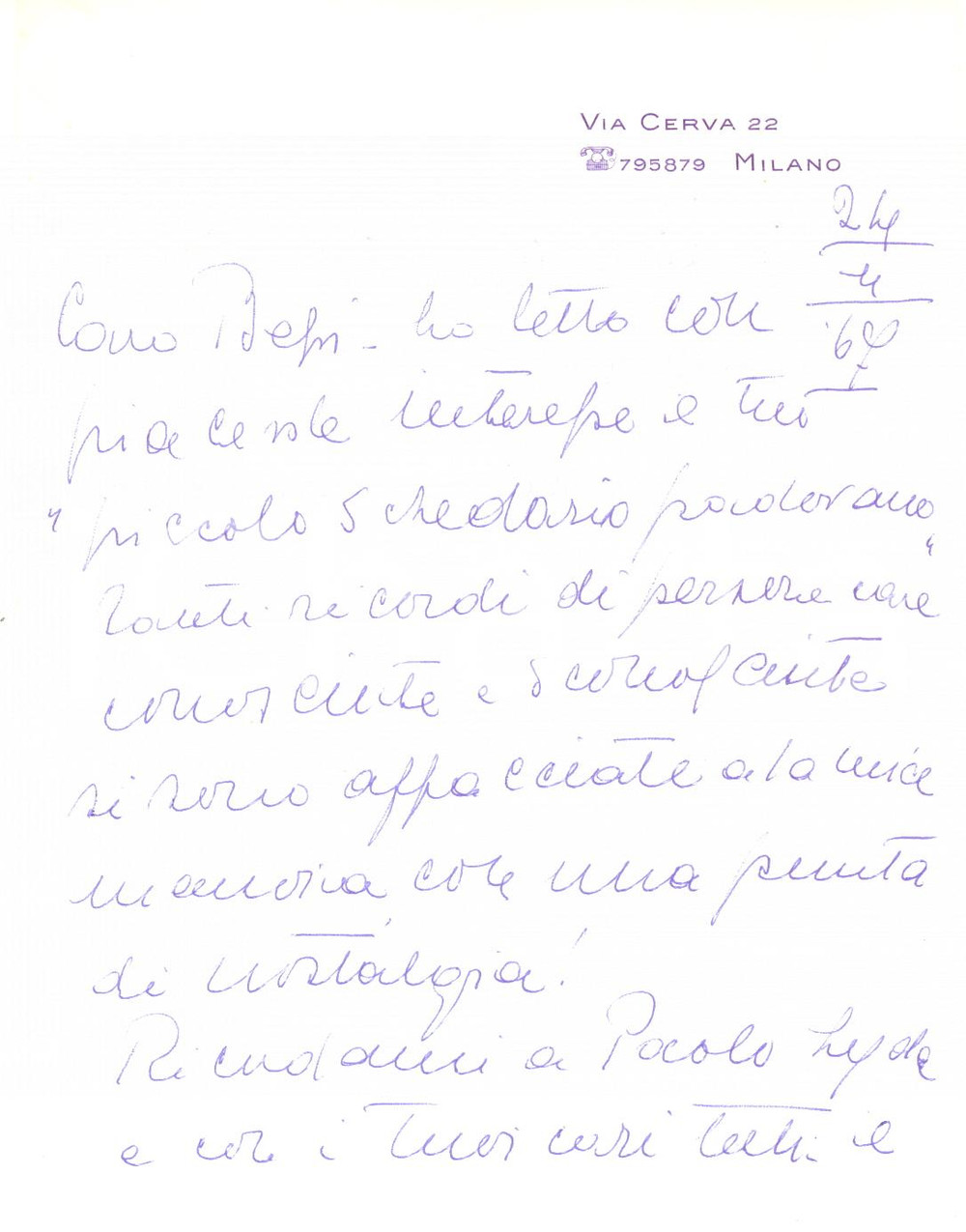 Autografo originale 1967 MILANO Lettera Marco DA ZARA per pubblicazione ricevuta  Autografo 1