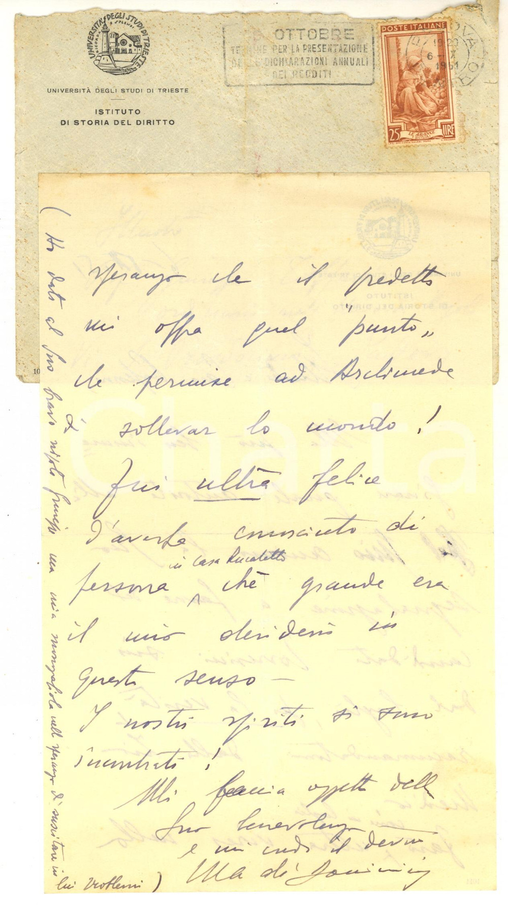 Autografo originale 1951 UniversitÃ  di TRIESTE  Lettera Mario DE DOMINICIS a un collega  Autografo 1