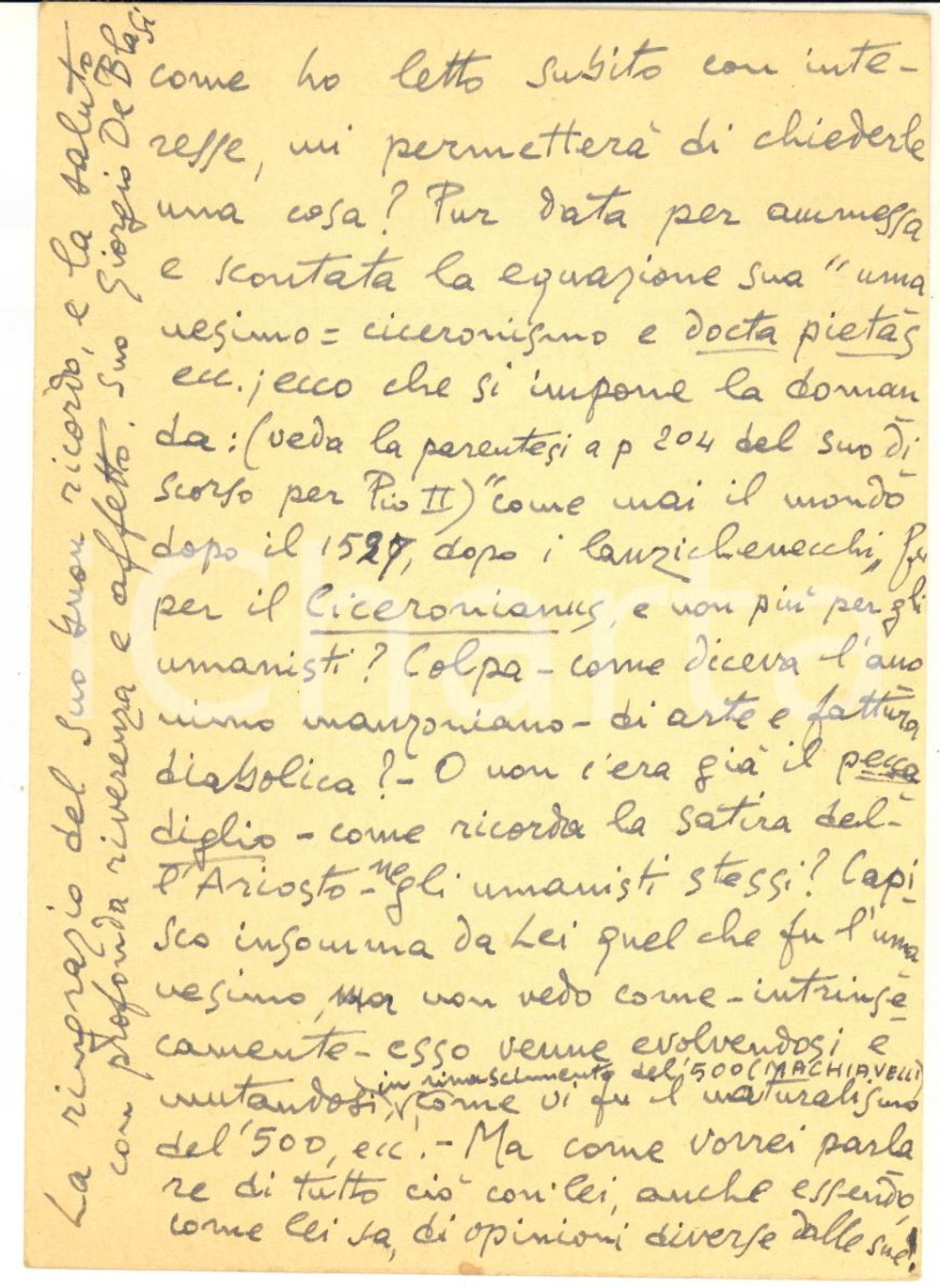 Autografo originale 1965 TORINO Cartolina Giorgio DE BLASI sull Umanesimo  Autografo 1