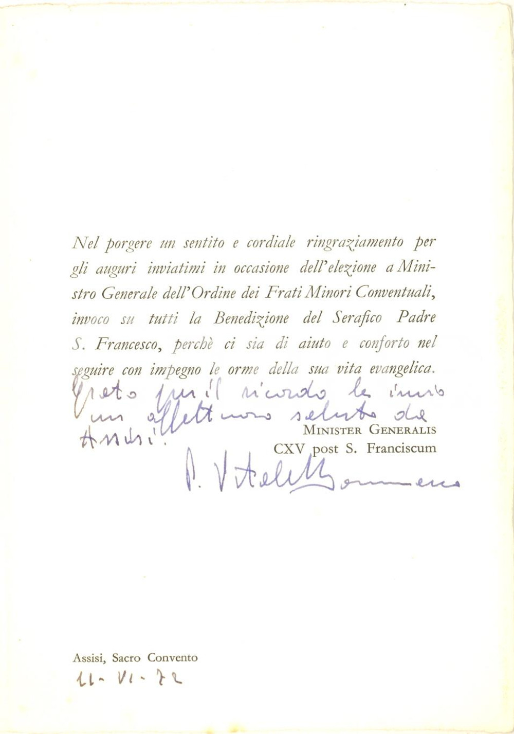 Autografo originale 1972 ASSISI Biglietto padre Antonio Vitale BOMMARCO Frati Minori  Autografo 1