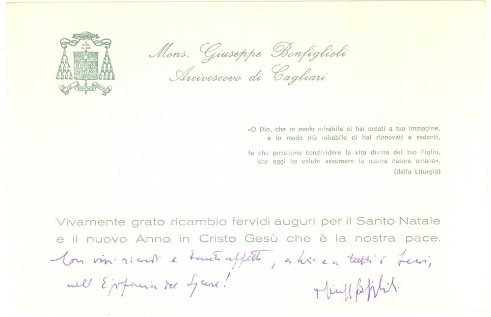 Autografo originale 1980 ca CAGLIARI Mons. Giuseppe BONFIGLIOLI  Biglietto auguri AUTOGRAFO 1