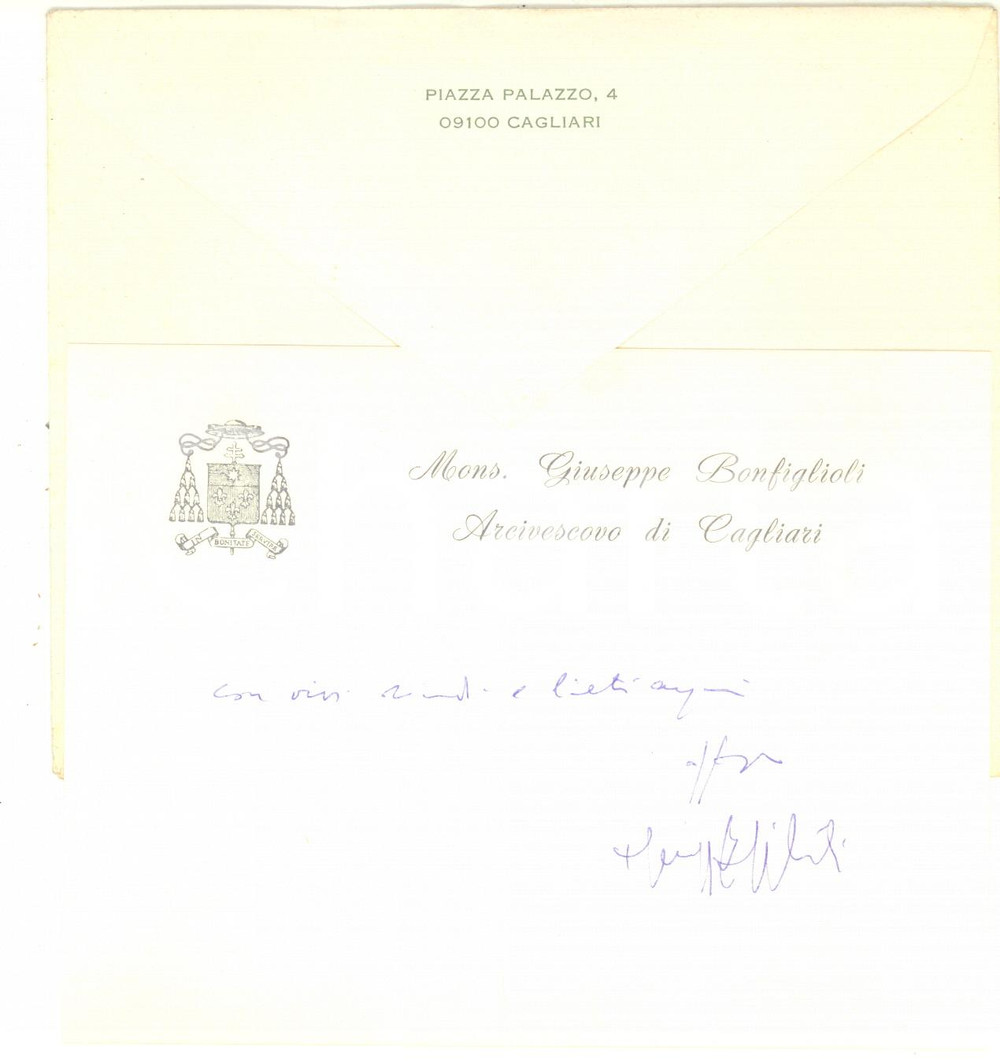 Autografo originale 1977 CAGLIARI Mons. Giuseppe BONFIGLIOLI  Biglietto auguri AUTOGRAFO 1