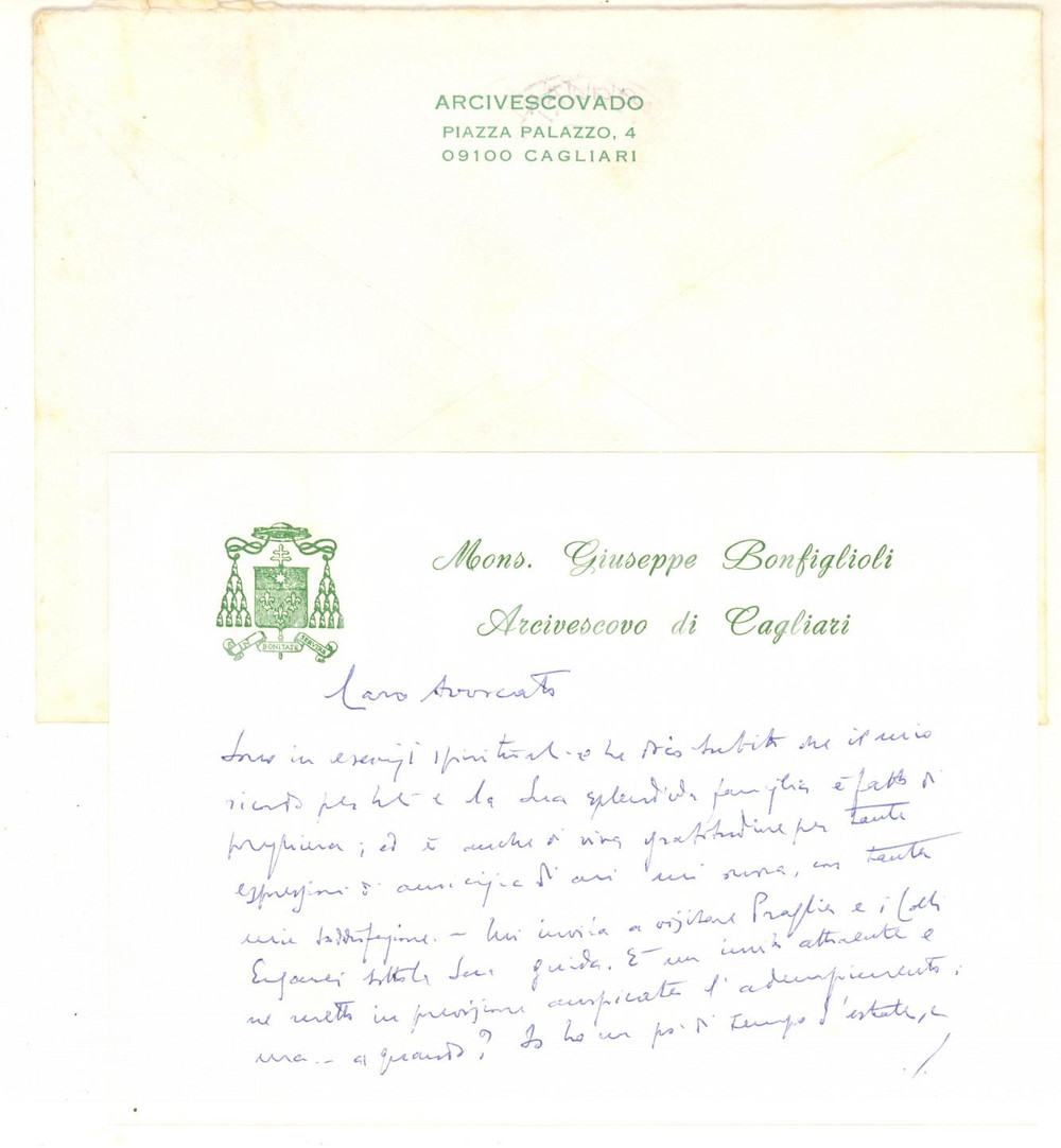 Autografo originale 1979 CAGLIARI Mons. Giuseppe BONFIGLIOLI  Biglietto ringraziamento AUTOGRAFO 1