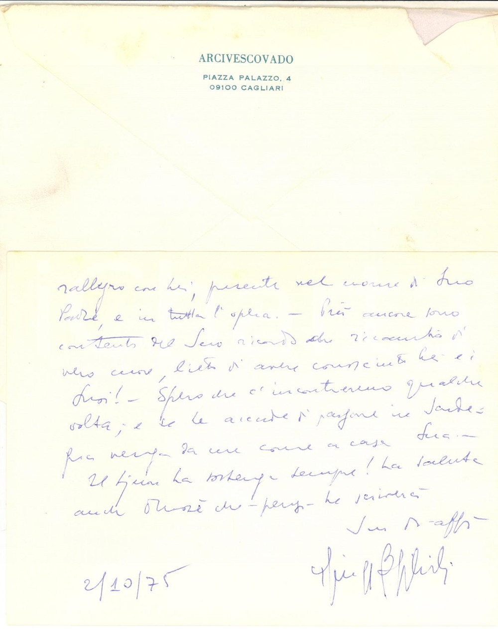 Autografo originale 1975 CAGLIARI Mons. Giuseppe BONFIGLIOLI ringrazia per un libro  AUTOGRAFO 1