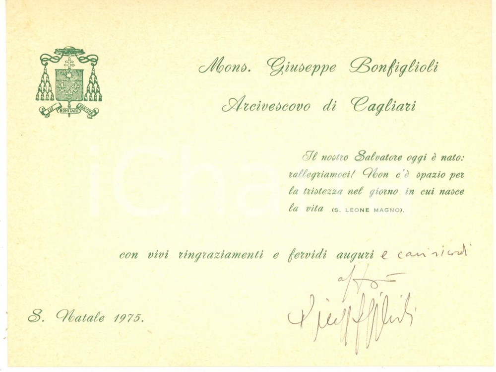 Autografo originale 1975 CAGLIARI Mons. Giuseppe BONFIGLIOLI  Biglietto di auguri AUTOGRAFO 1