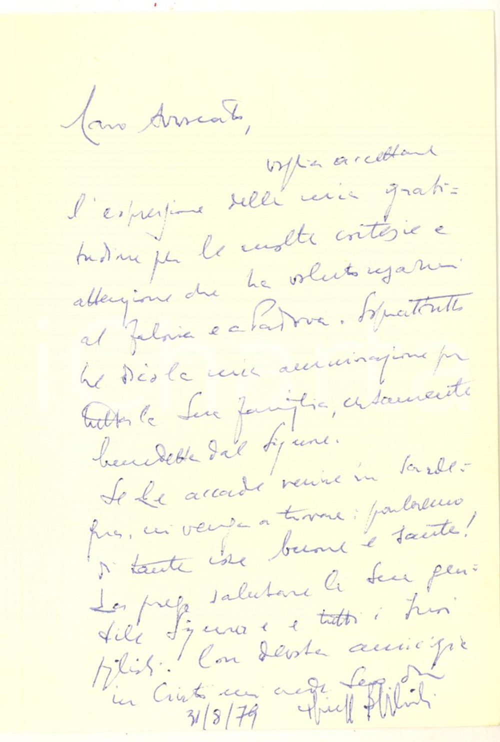 Autografo originale 1979 CAGLIARI Mons. Giuseppe BONFIGLIOLI  Biglietto di ringraziamento AUTOGRAFO 1