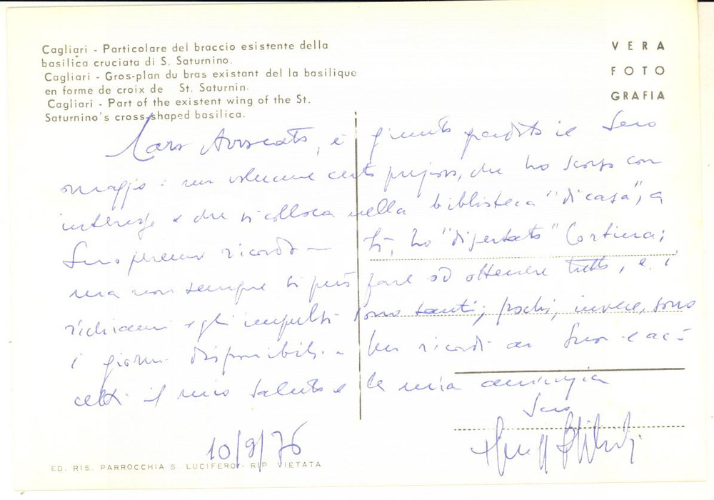 1976 CAGLIARI Mons. Giuseppe BONFIGLIOLI ringrazia per omaggio - AUTOGRAFO Cartolina postale con messaggio autografo dell'arcivescovo di Cagliari, non viaggiata. CONDIZIONI: G    originale e autentica 1