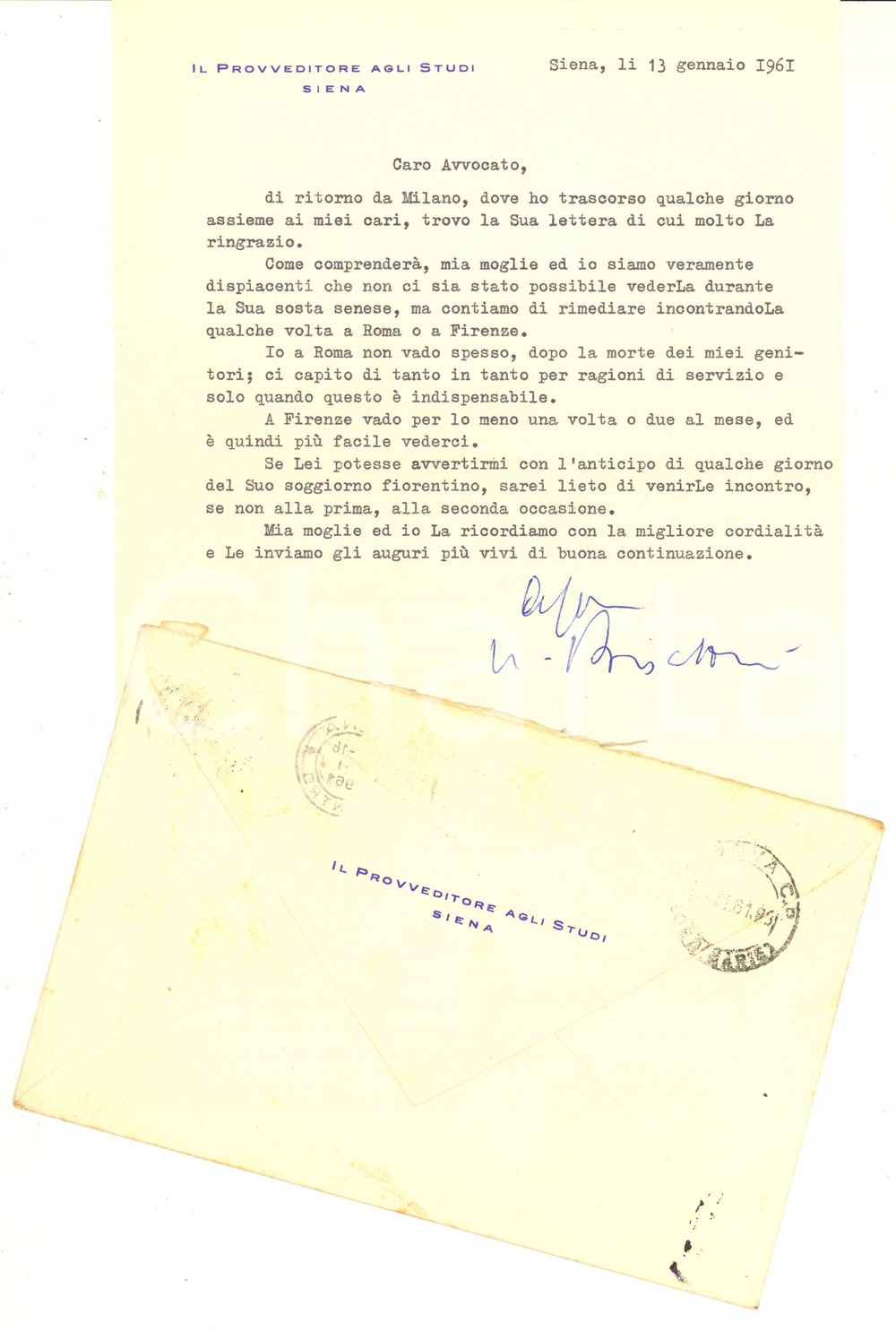 Autografo originale 1961 SIENA Lettera Umberto BISCOTTINI Provveditore agli Studi  Autografo 1