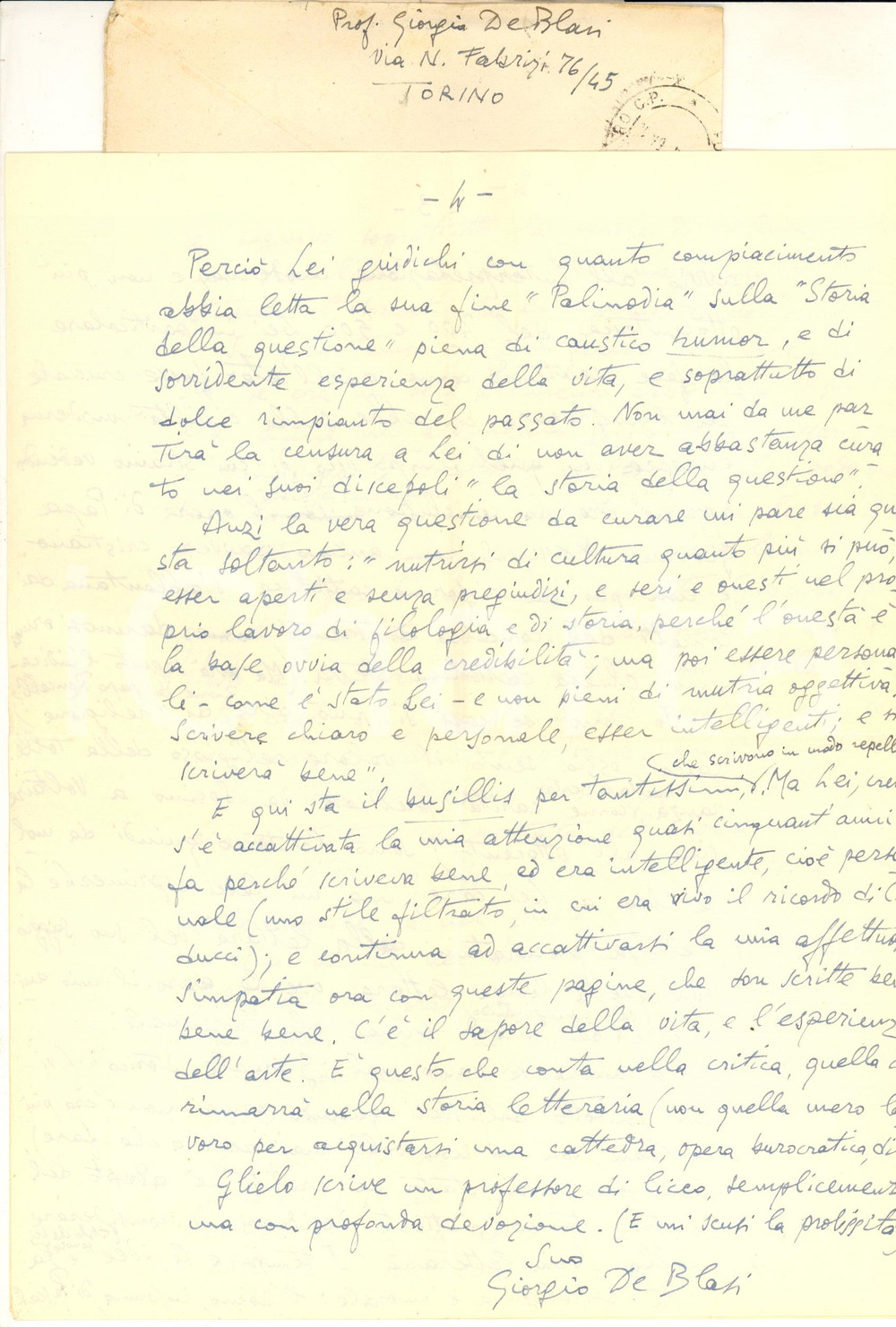 Autografo originale 1964 TORINO Giorgio DE BLASI sull Umanesimo e le sue interpretazioni  Autografo 1