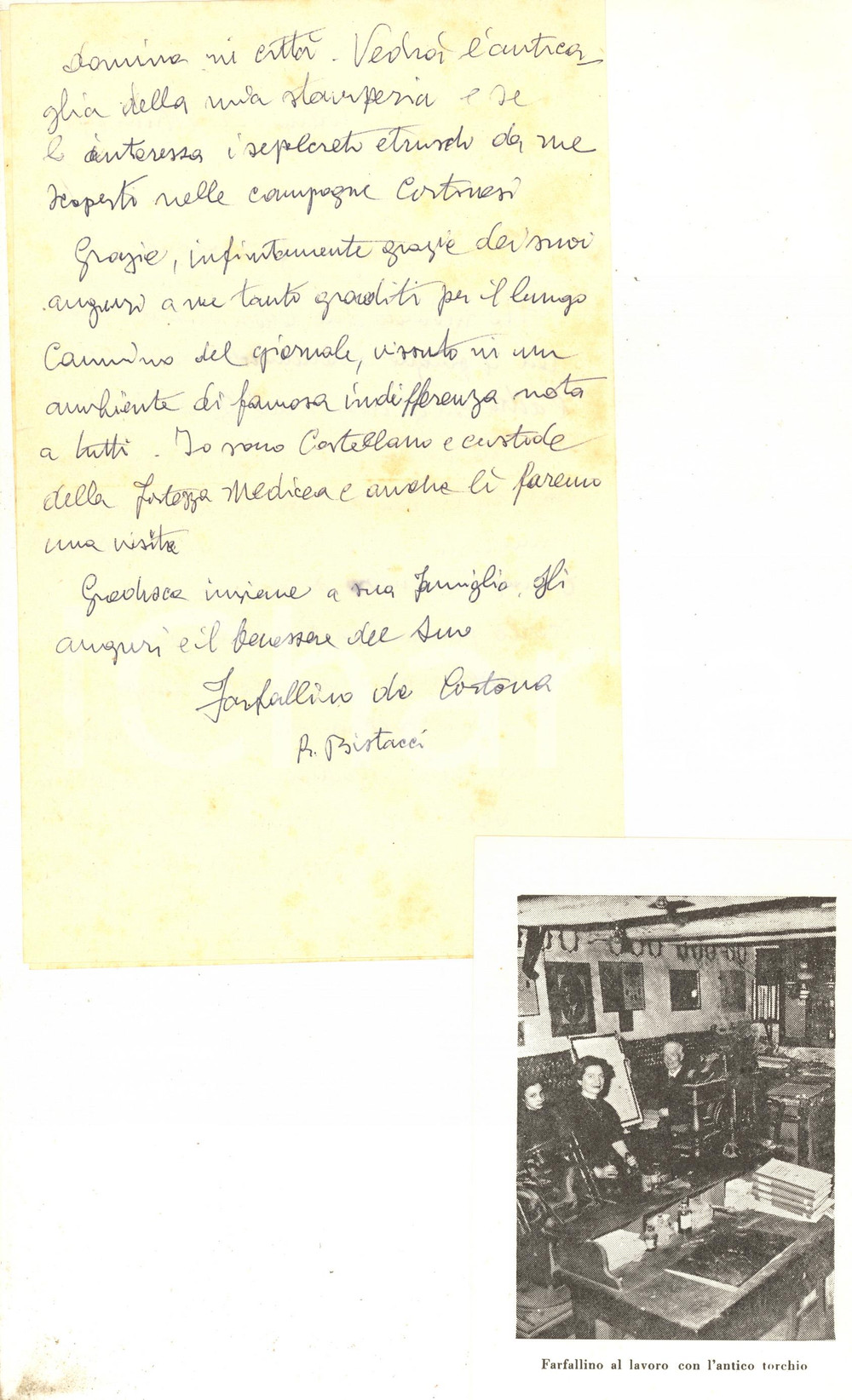 Autografo originale 1972 CORTONA Lettera Raimondo BISTACCI  Giornale L  ETRURIA  Autografo 1