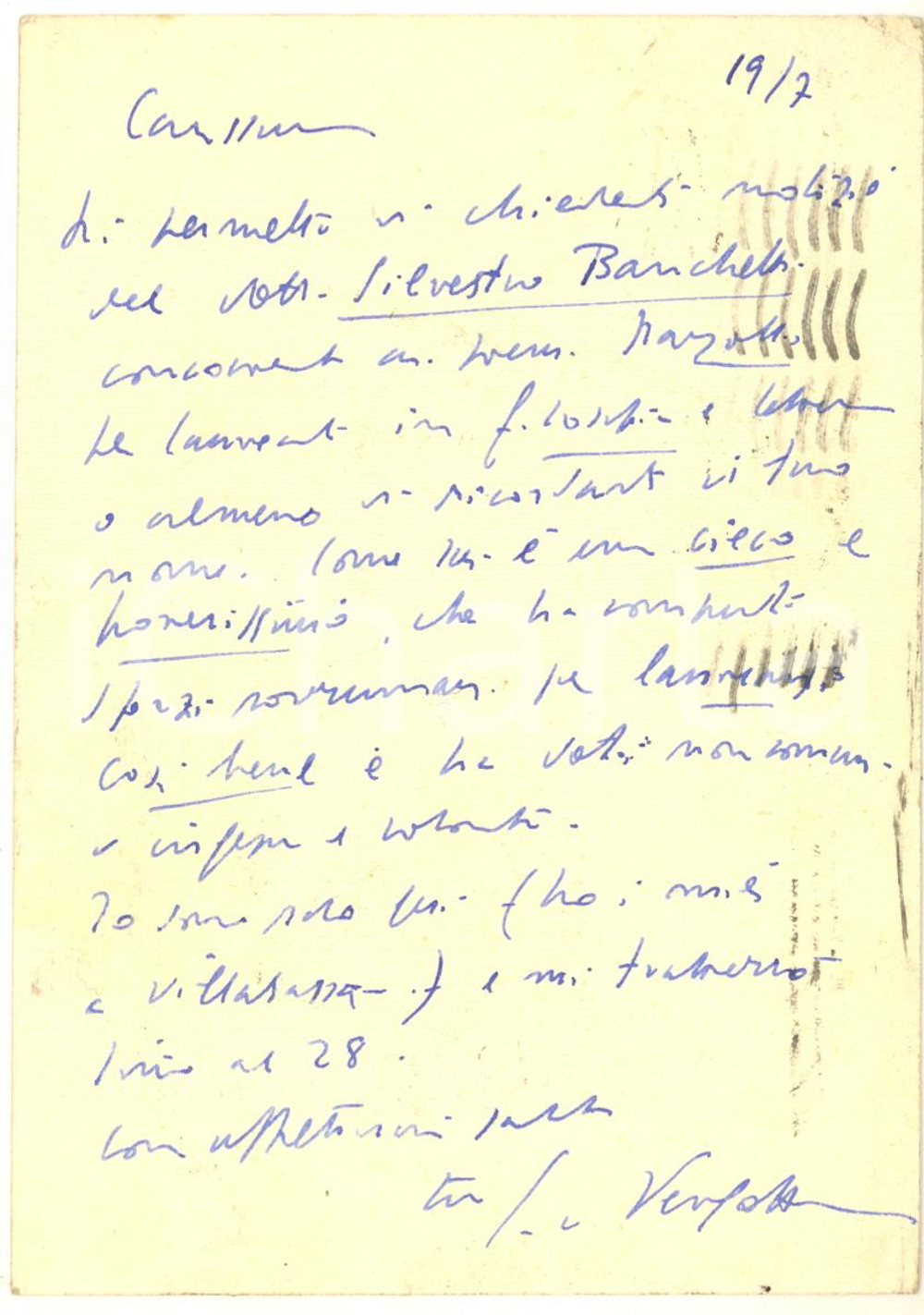 Autografo originale 1954 BOLOGNA Cartolina Giovanni DE VERGOTTINI pro allievo  Autografo 1