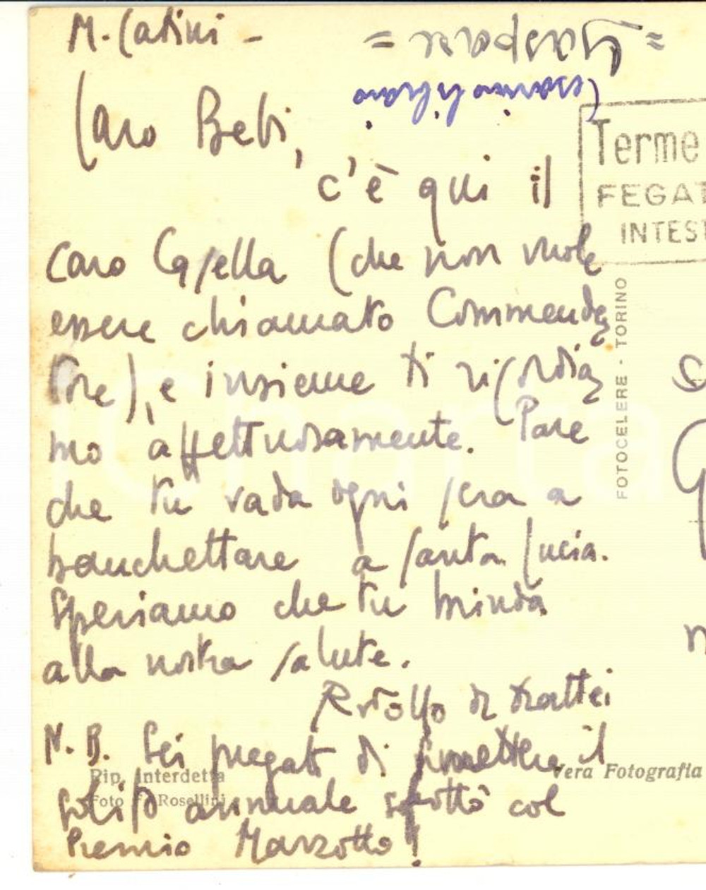 Autografo originale 1953 MONTECATINI TERME Cartolina Rodolfo DE MATTEI a un collega  Autografo 1