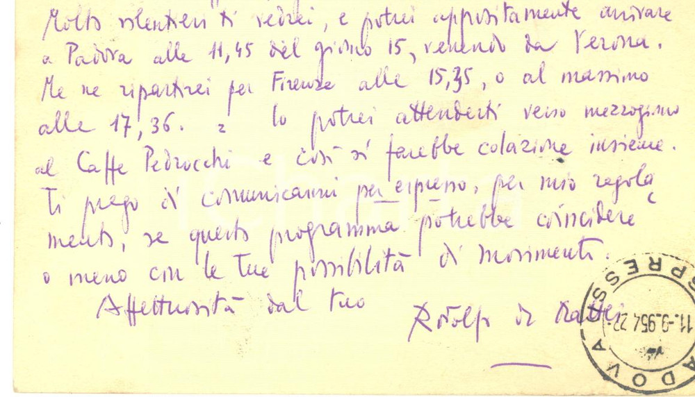 1954 SOPRABOLZANO Cartolina Rodolfo DE MATTEI per appuntamento - Autografo