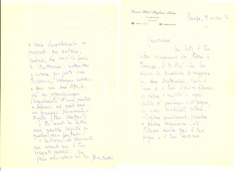 Autografo originale 1961 FIRENZE Lettera Rodolfo DE MATTEI sul libro di un collega  Autografo 1