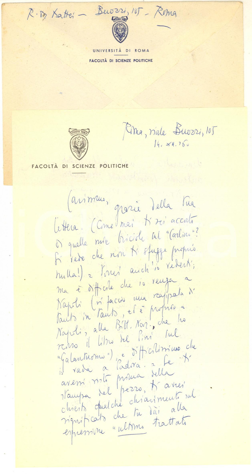 Autografo originale 1960 ROMA Lettera Rodolfo DE MATTEI sul lavoro di un collega  Autografo 1