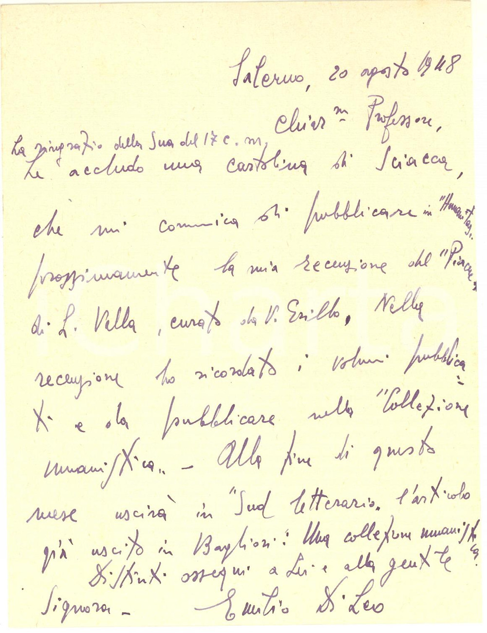 Autografo originale 1948 SALERNO Lettera di Emilio DI LEO sui lavori in uscita  Autografo 1