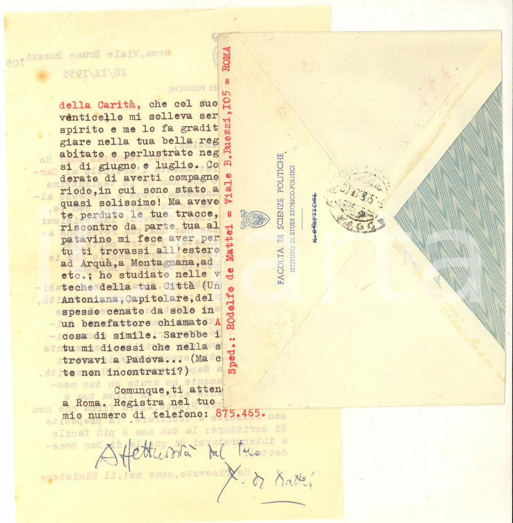 Autografo originale 1955 ROMA Lettera Rodolfo DE MATTEI su un viaggio in Veneto  Autografo 1