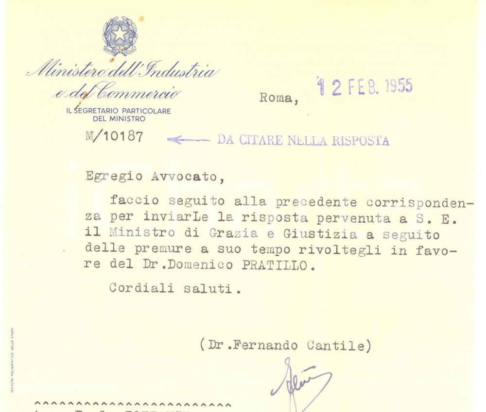 Autografo originale 1955 ROMA Lettera Fernando CANTILE  Ministero Industria e Commercio  Autografo 1