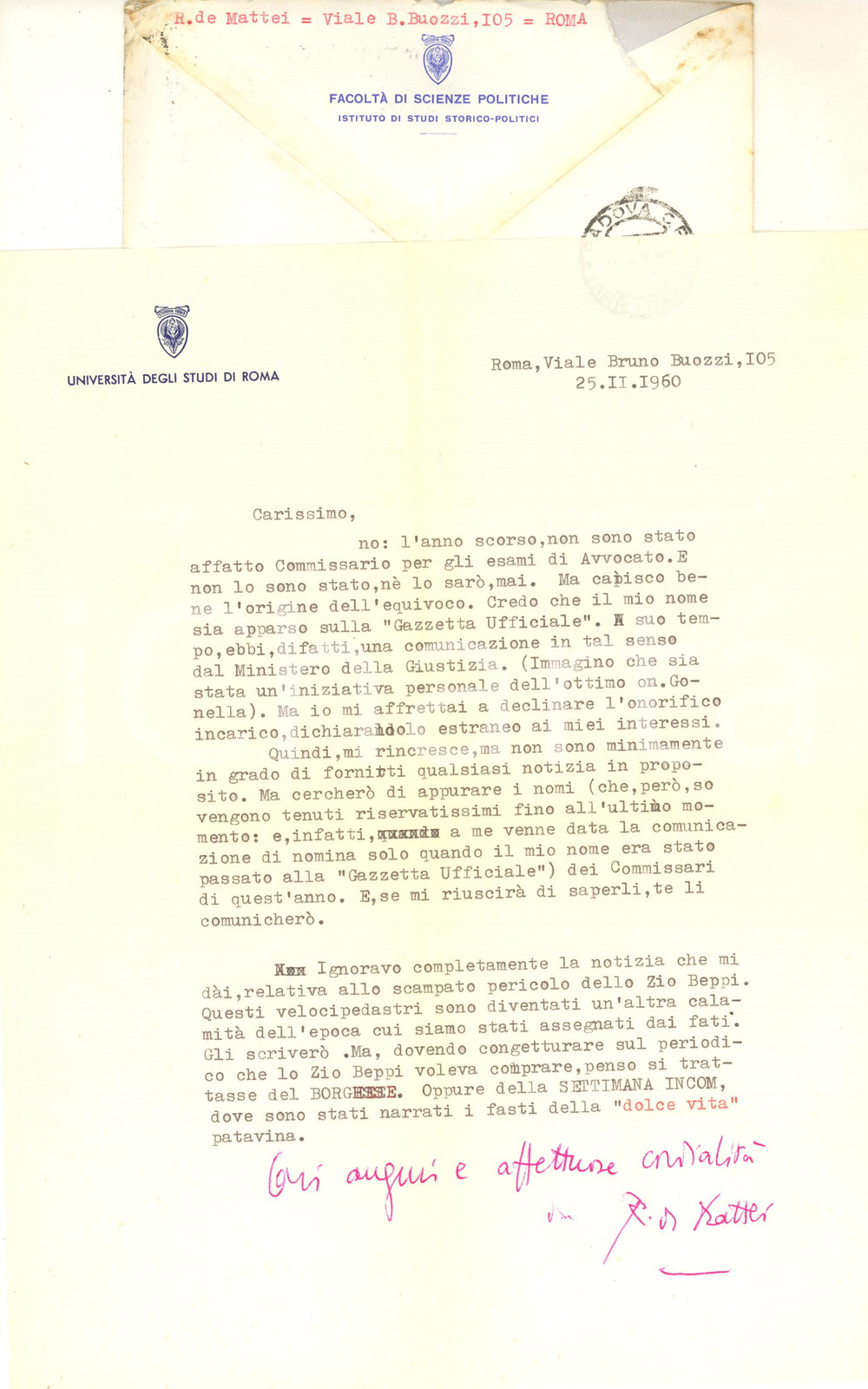 Autografo originale 1960 ROMA Lettera Rodolfo DE MATTEI su commissione esami  Autografo 1