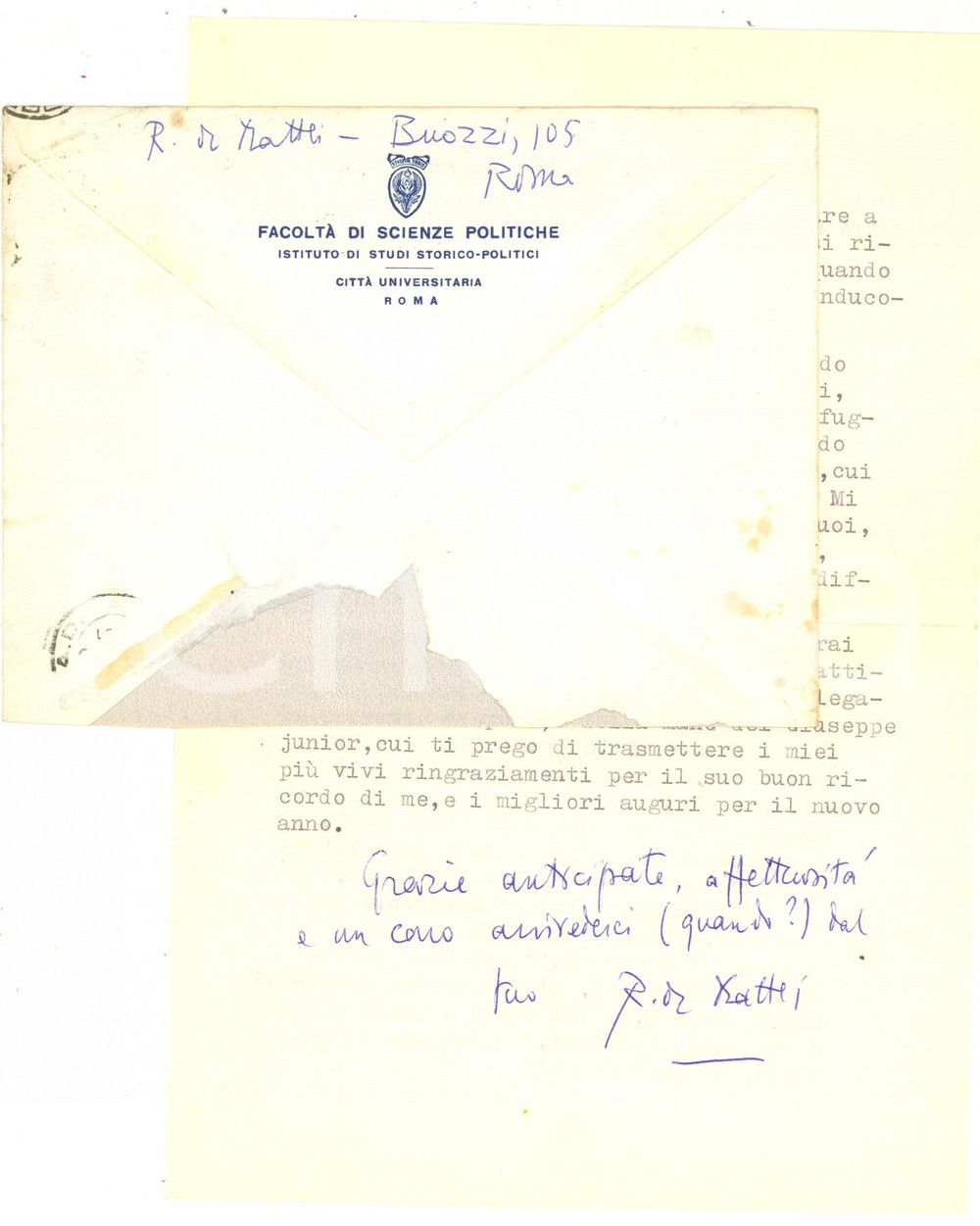 Autografo originale 1961 ROMA Rodolfo DE MATTEI a un collega dalla difficile grafia  Autografo 1