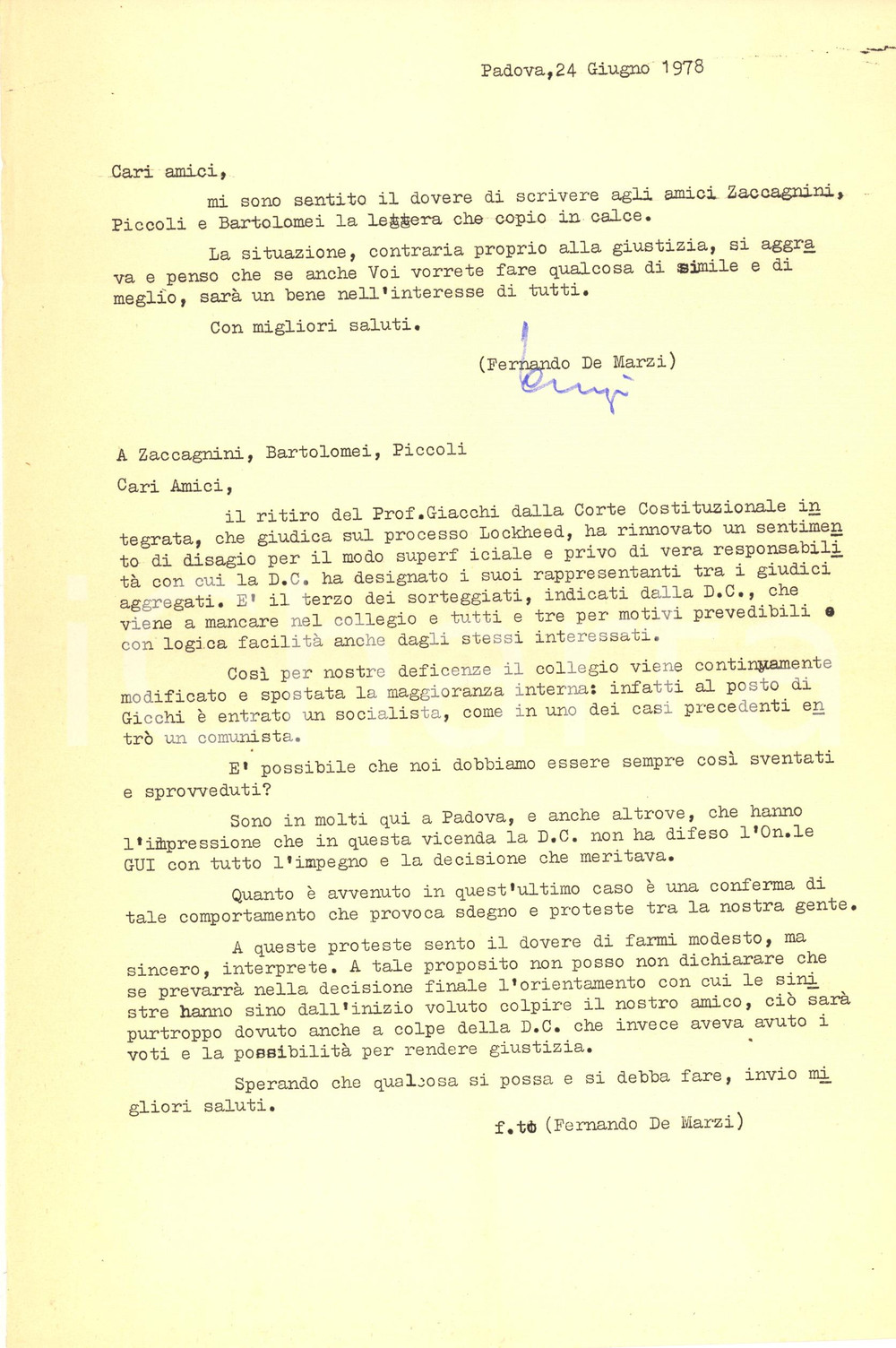 Autografo originale 1978 PADOVA On. Fernando DE MARZI sulla D.C. in Corte Costituzionale  Autografo 1