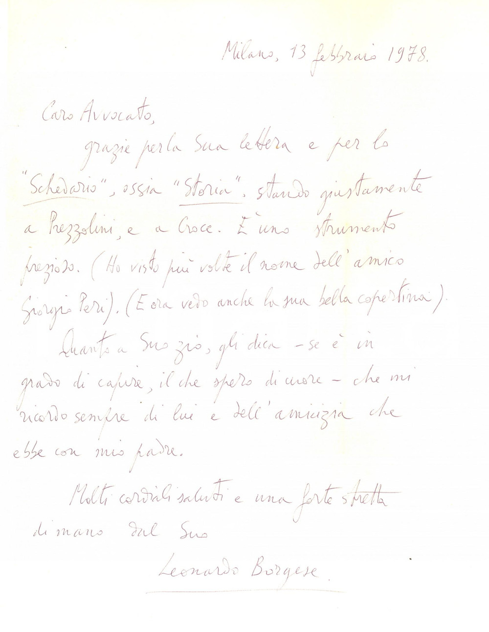 Autografo originale 1978 MILANO Lettera di Leonardo BORGESE per libro ricevuto  Autografo 1