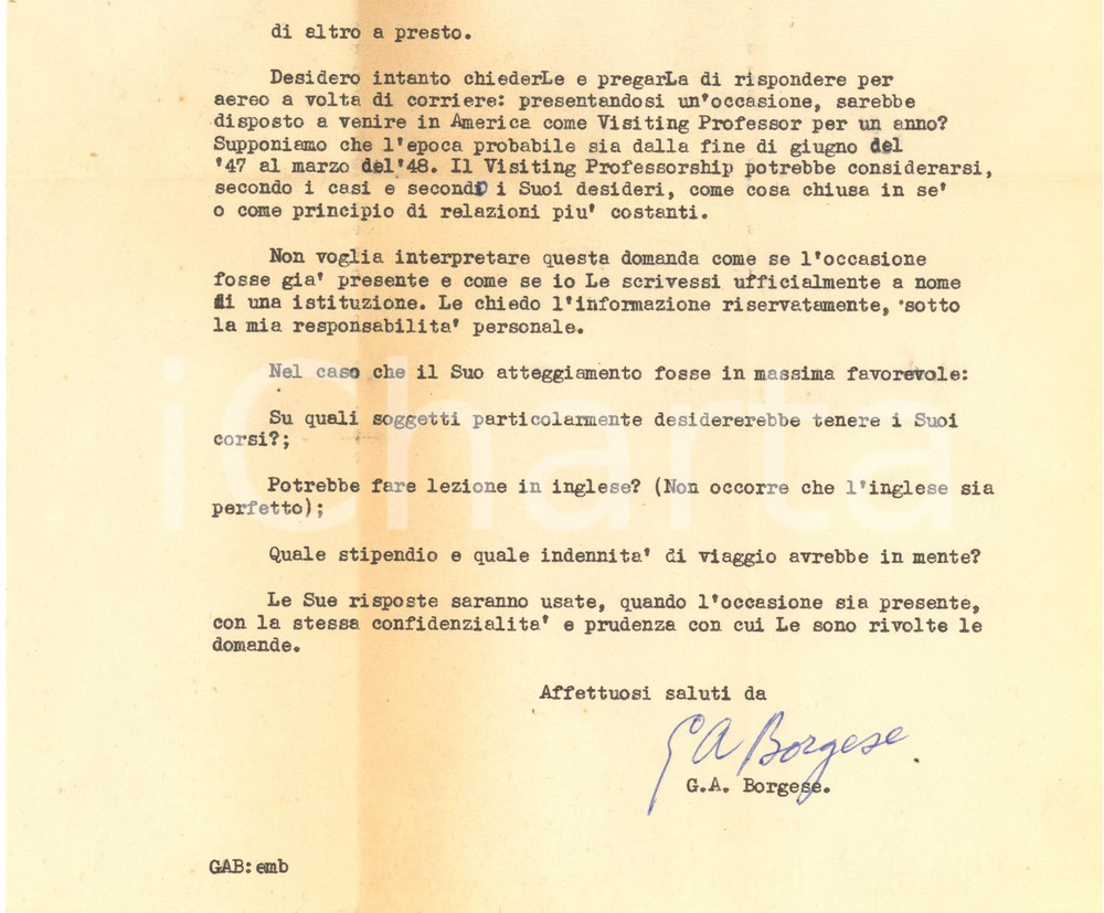 Autografo originale 1946 UNIVERSITY OF CHICAGO Giuseppe Antonio BORGESE invita un collega AUTOGRAFO 1