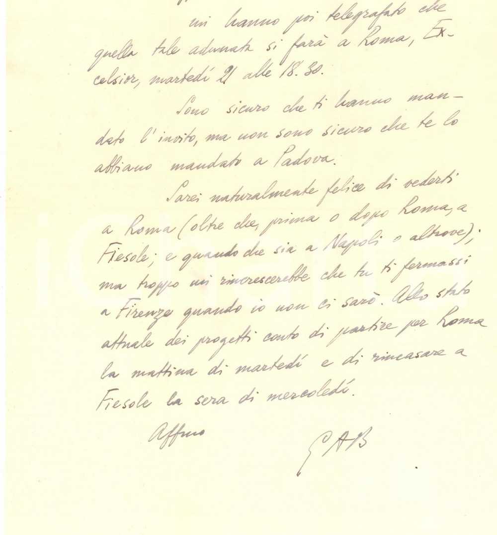 1952 FIESOLE Giuseppe Antonio BORGESE a un collega per incontro - AUTOGRAFO Lettera autografa del celebre critico e scrittore Giuseppe Antonio Borgese a un collega.Busta viaggiata.CONDIZIONI: FAIR (piegature d'epoca)PAGINE: 1    originale e autentica 1