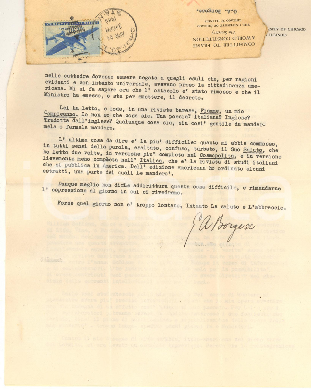 Autografo originale 1946 CHICAGO Lettera Giuseppe Antonio BORGESE su nuova rivista  AUTOGRAFO 1