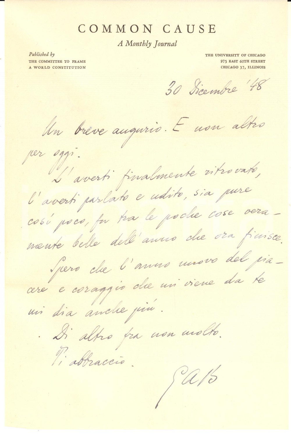 Autografo originale 1948 CHICAGO COMMON CAUSE  Auguri Giuseppe Antonio BORGESE  AUTOGRAFO 1