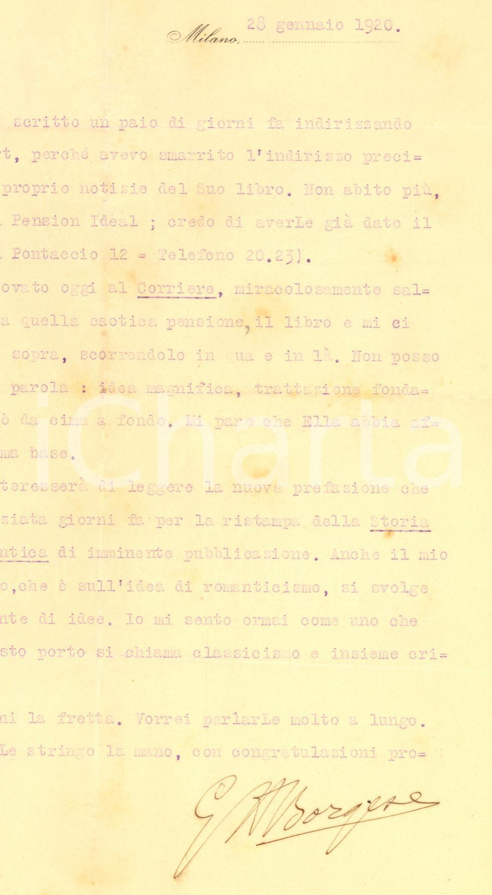 Autografo originale 1920 MILANO CORRIERE DELLA SERA Lettera Giuseppe Antonio BORGESE  AUTOGRAFO 1