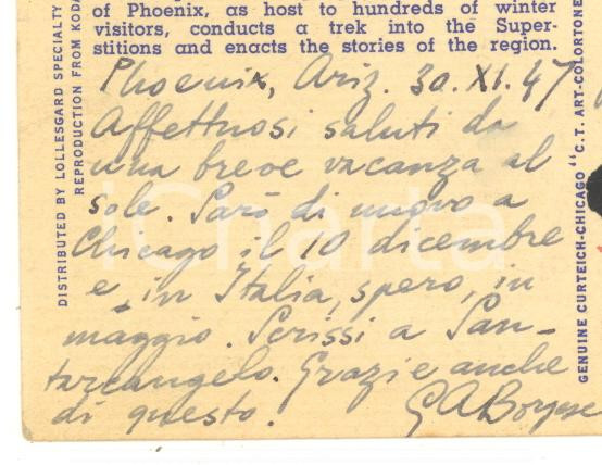 Autografo originale 1947 PHOENIX ARIZONA Cartolina Giuseppe Antonio BORGESE  AUTOGRAFO FP VG 1