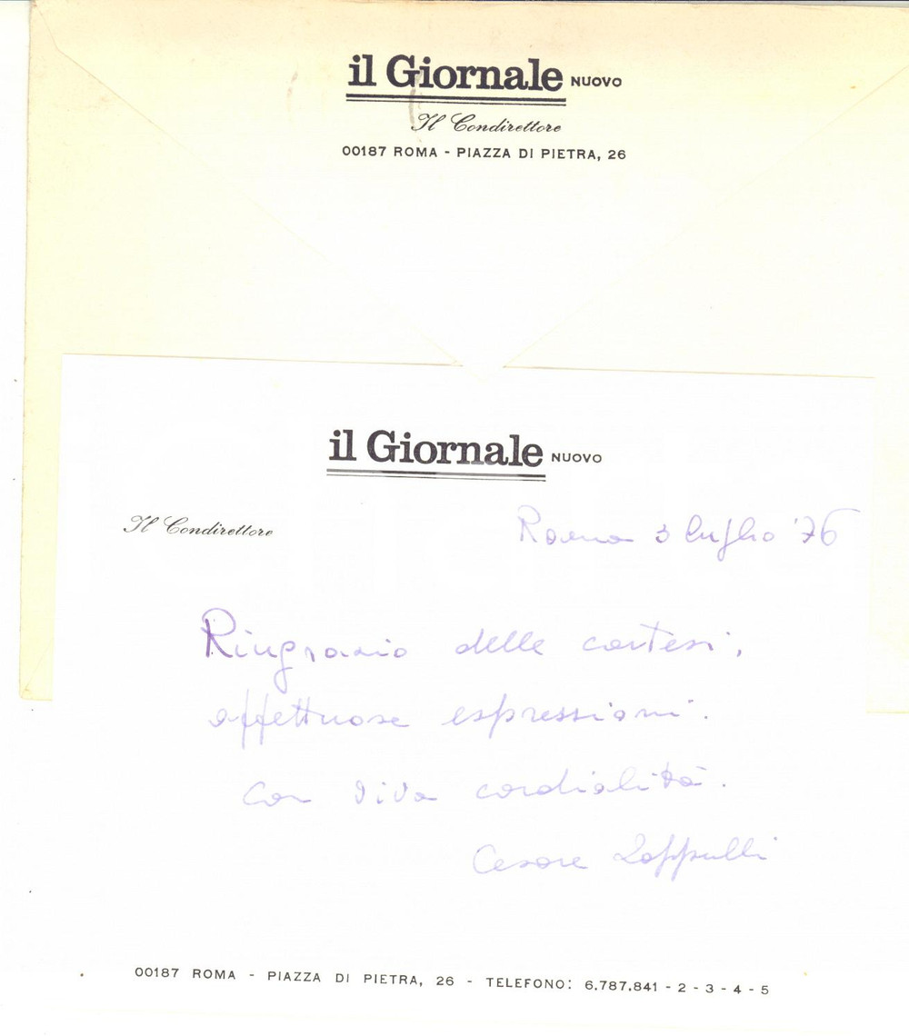 Autografo originale 1976 ROMA IL GIORNALE Biglietto Cesare ZAPPULLI condirettore  Autografo 1