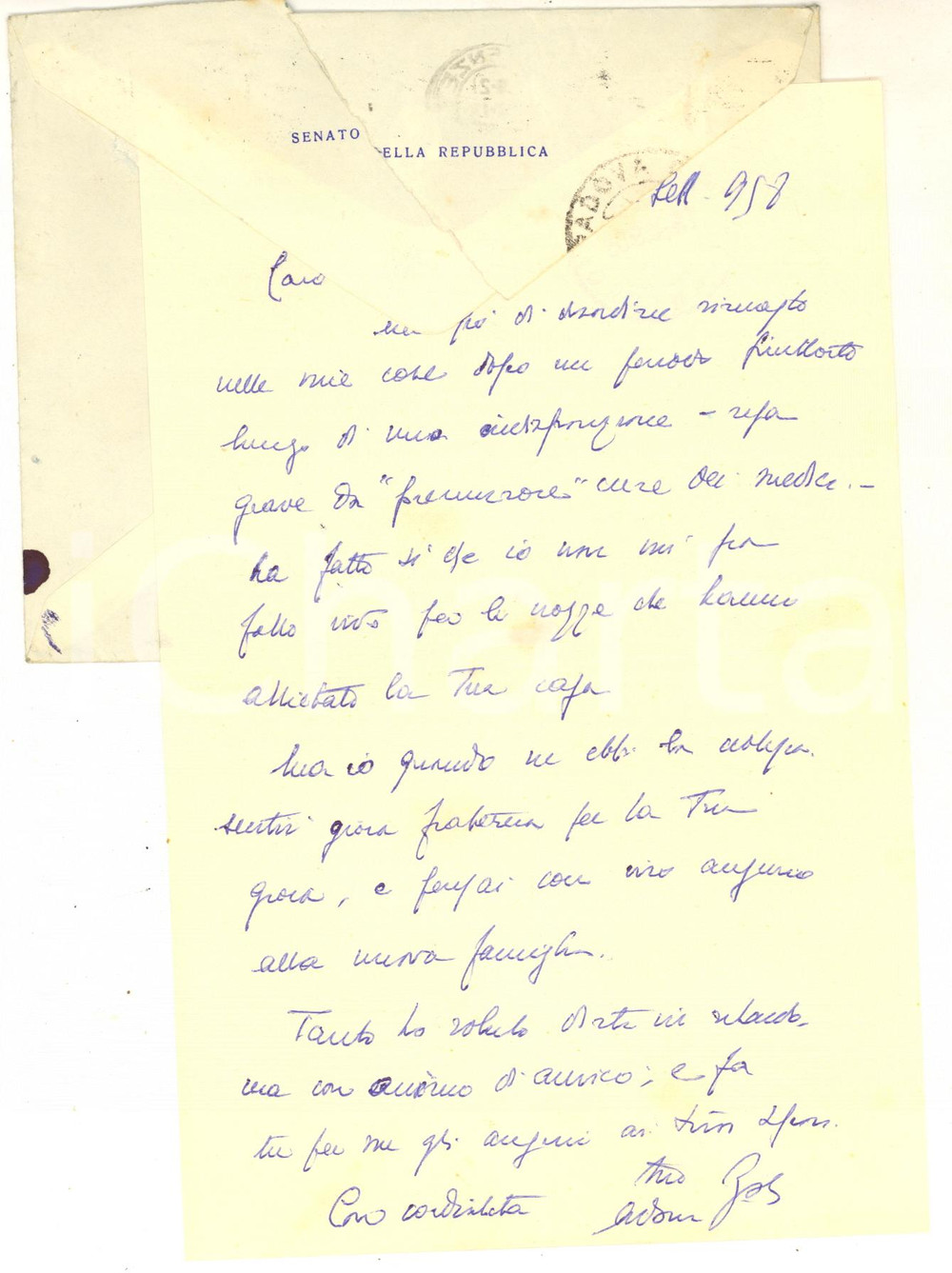 Autografo originale 1958 ROMA Lettera ministro Adone ZOLI per felicitazioni  Autografo 1