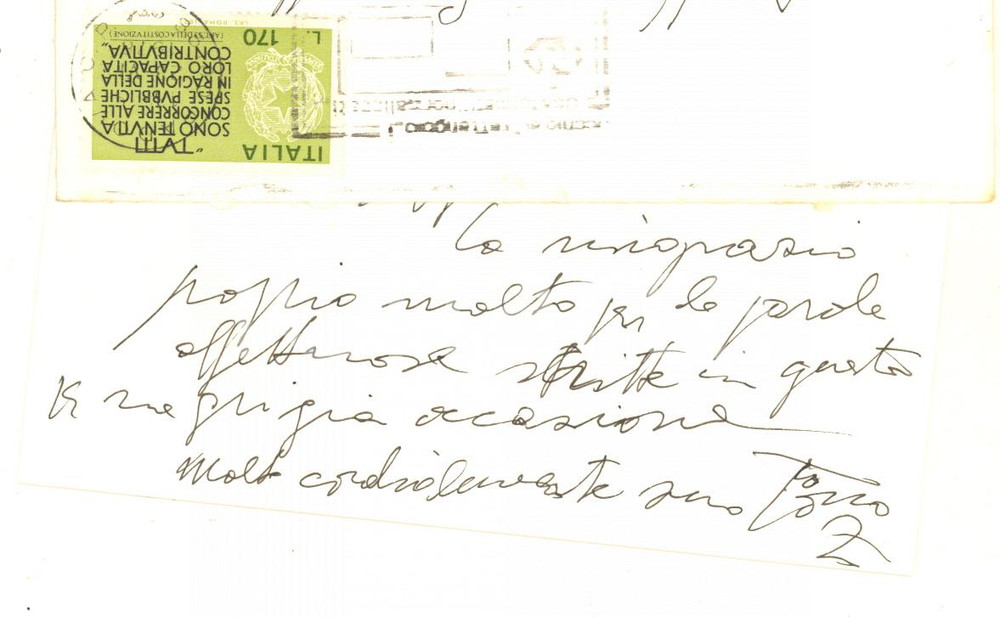 1978 PADOVA Biglietto pittore Tono ZANCANARO per ringraziamento - Autografo Biglietto interamente autografo di Tono Zancanaro, con busta viaggiata.CONDIZIONI: G    originale e autentica 1